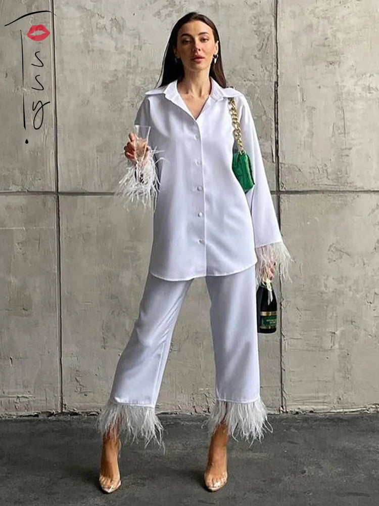 Casual Two Piece Pants Set Women White Fleece Fur Long Sleeve Top Shirt And Pantsuit Ladies Fashion Chic Party Suit