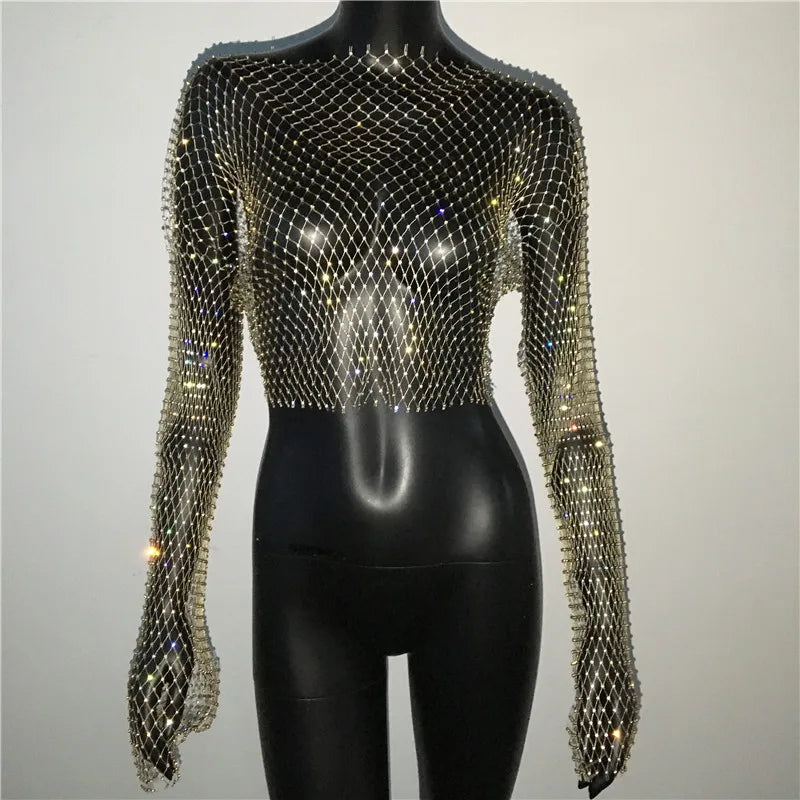 Mesh See Through T Shirt Shiny Rhinestone Fishnet Hollow Out Crop Top
