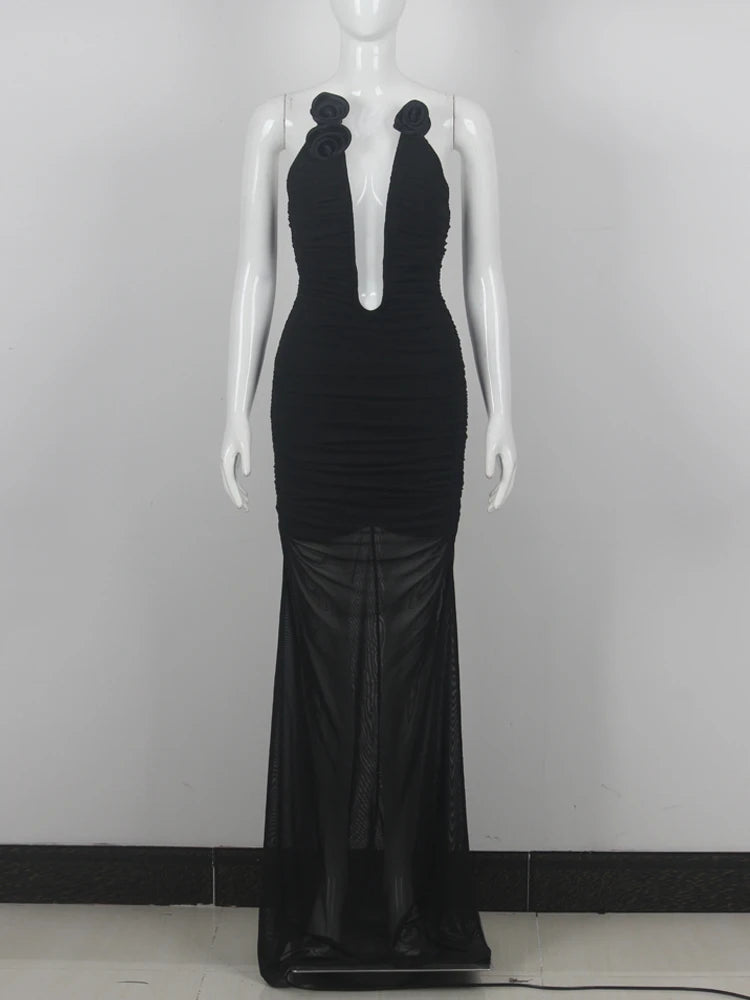 New Women's Black Backless Sleeveless Flower Detail Pleated Maxi Bandage Dress Elegant Celebrity Party Dress