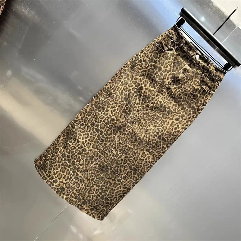 New Temperament Leopard Fashion Skirt spring Summer And Autumn New High Waist Slim Fashion Leopard Denim Hip Skirt