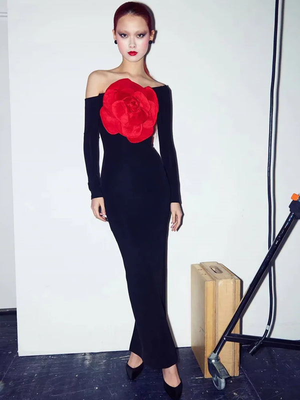 3D Flower Long Sleeve Black Long Bodycon Bandage Dress Elegant Celebrity Evening Club Party Dress