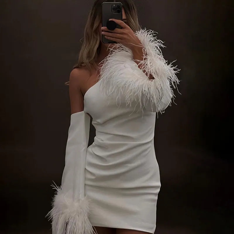 Feathers Flare Long Sleeve Mini Dress Sexy Elegant Slim One Shoulder Vestidos 2023 Spring Fashion Female Club Party Dresses