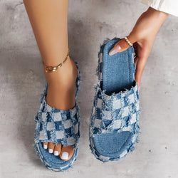 Denim Jean Slides Sandals Women Slip on Wedges Platform Casual Open Toe