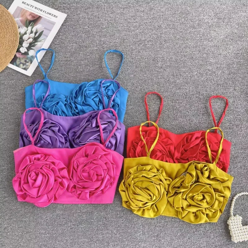 Satin Spaghetti Strap 3D Flowers Solid Colors Pleated