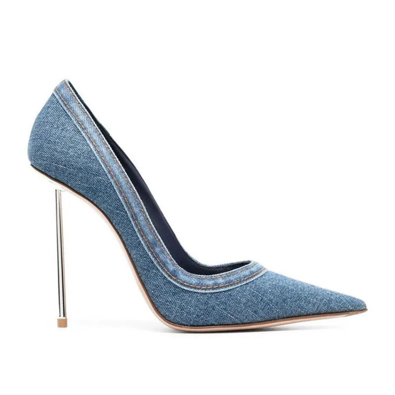 Blue Denim Thin High Heel Single Shoes European and American Pointed Back Strap Sandals