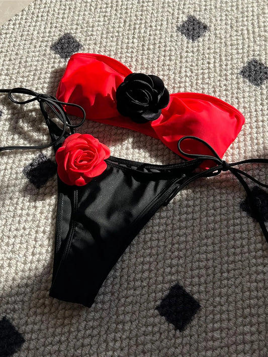 4 Colors 3D Flowers Rose Strapless Bikini Women Swimwear Female Swimsuit Two-pieces Bikini set Suit Swim