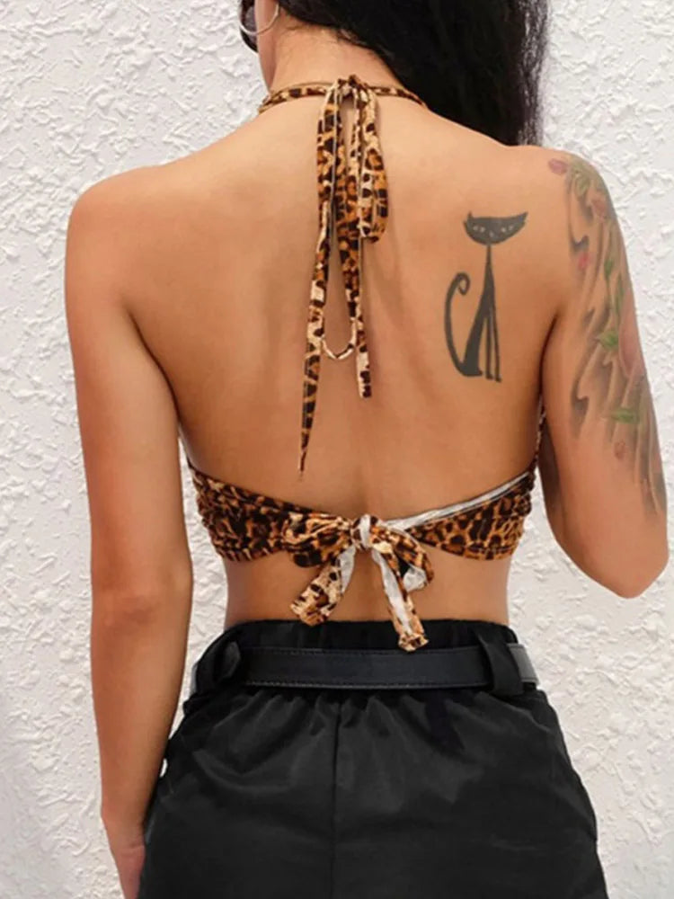 Leopard Printed Halter Crop Top Women