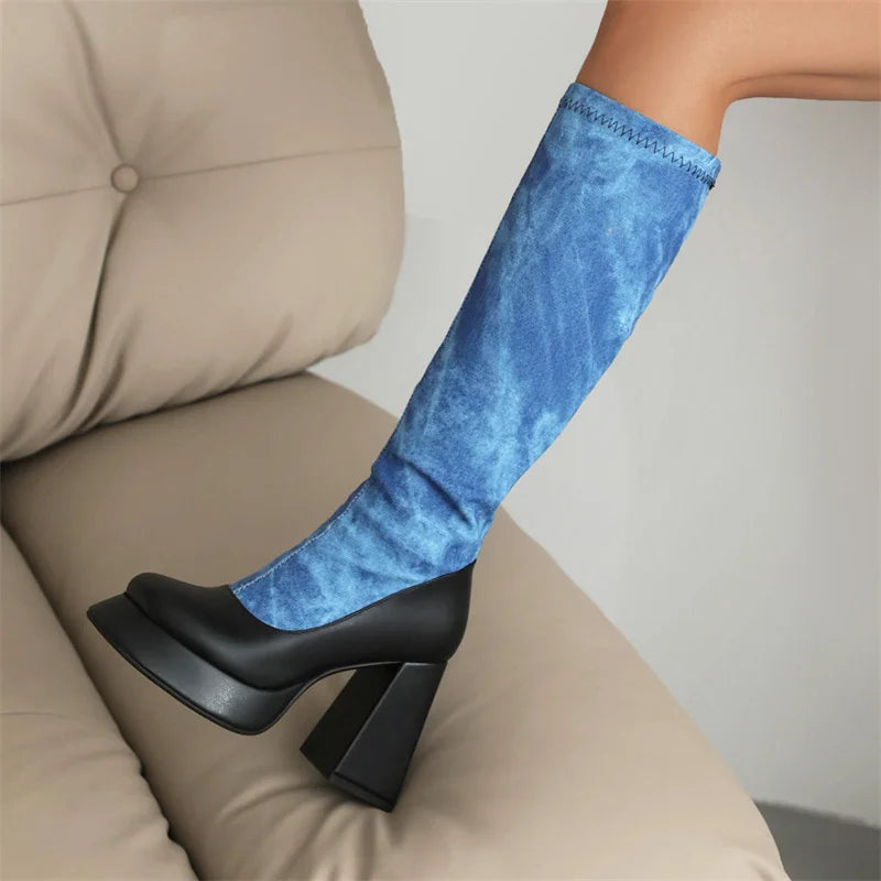 Denim Boots Blue Knee High Platform Boots