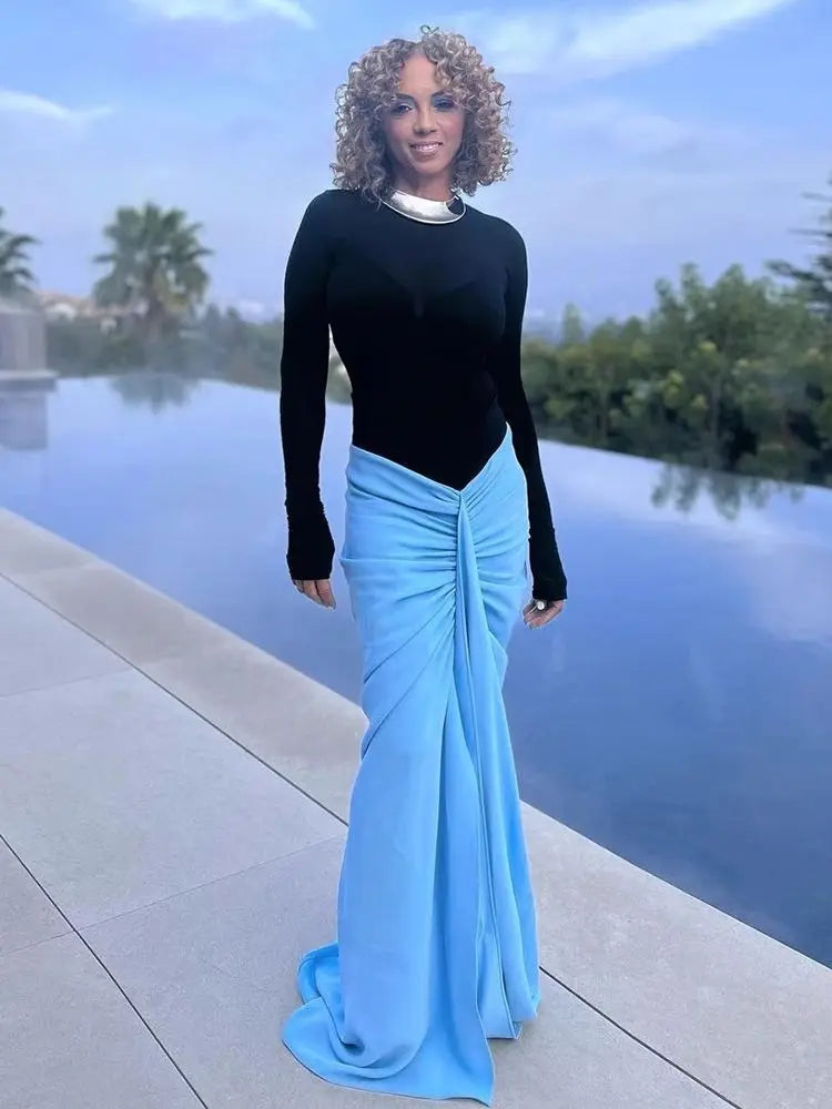 Dress Set Translucent Black Mesh Skin-Tight Garment+Drop Blue Fishtail Dress 2-Piece Sexy Elegant Set