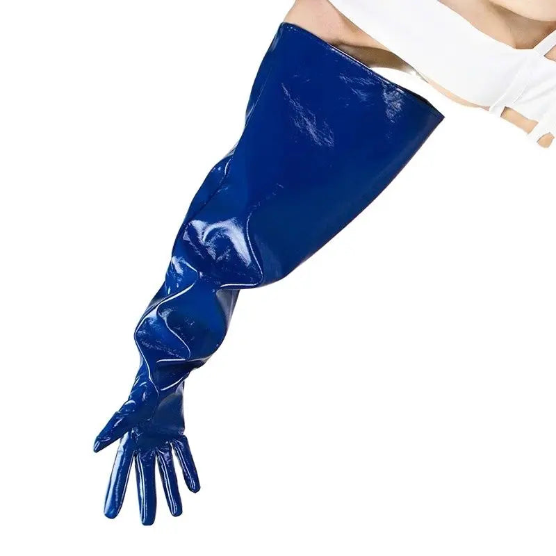 70cm Long Patent Leather Gloves Female big Sleeve Loose Puffy Cuffs Royal Blue Faux Leather PU Women Gloves Cosplay HPU106