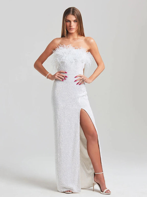 High Quality White Rose Red Strapless Feather Sequins Long High Split Dress Elegant Celebrity Party Bridal Wedding Dress