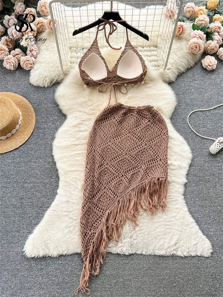 Bikini+Drawstring Tassel Skirt Women Beach Knitted Two Pieces Suits