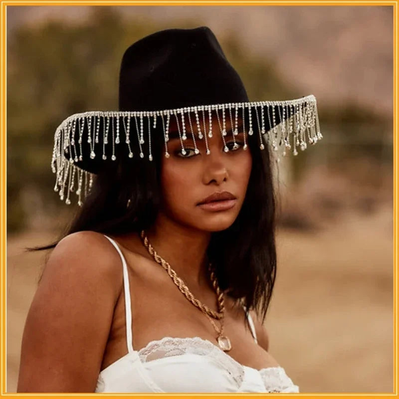 Diamond Fringe Bride Cowgirl Hat Summer Vintage Cowboy Hat Rhinestone Fringe Cowgirl Hat Gift for Women Girl Western Hat