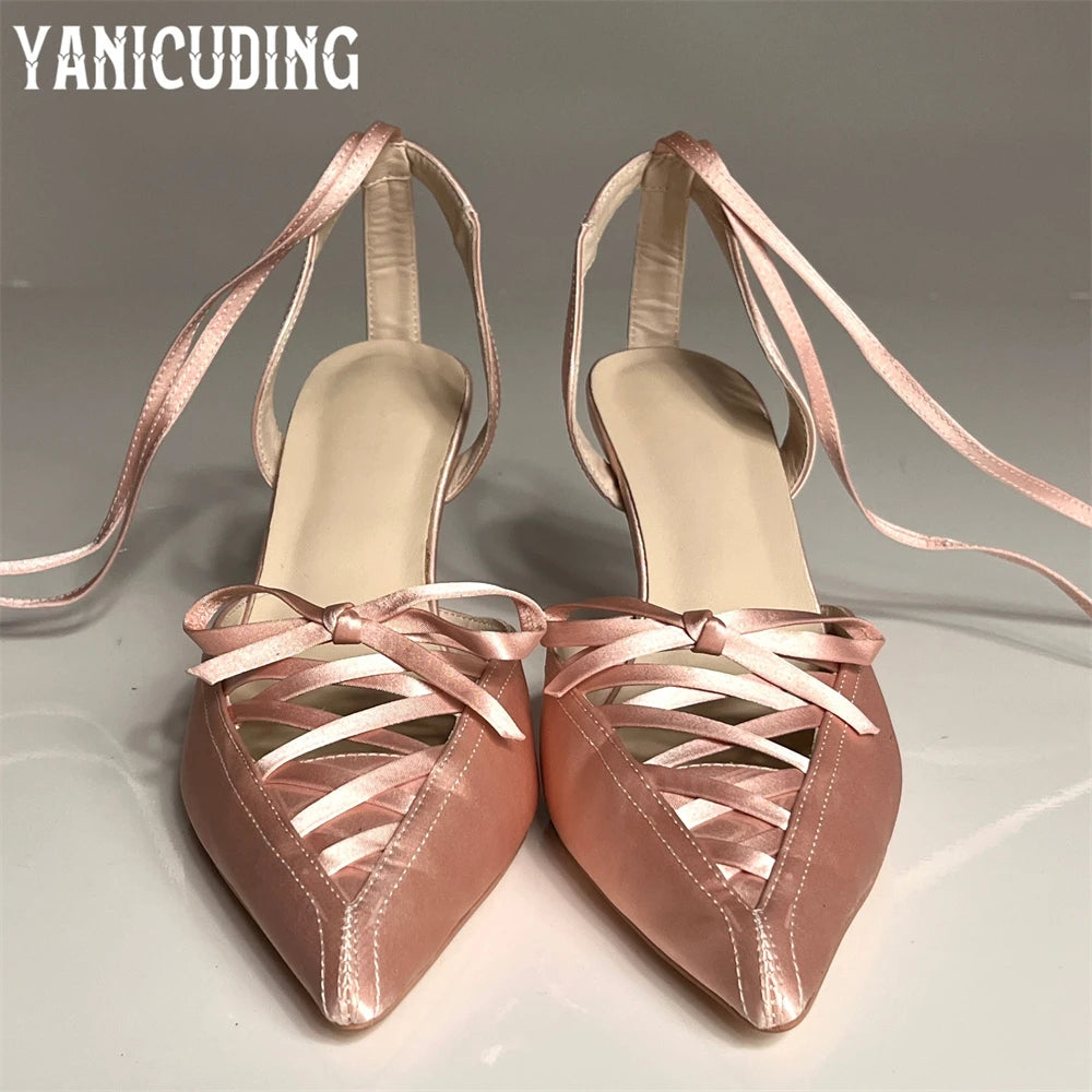 Pointed Toe Strappy Stilettos Women's Satin Kitten Heels Summer Shoes Sweet Style Lace-Up Ankle Straps Summer Shoes New Arrival