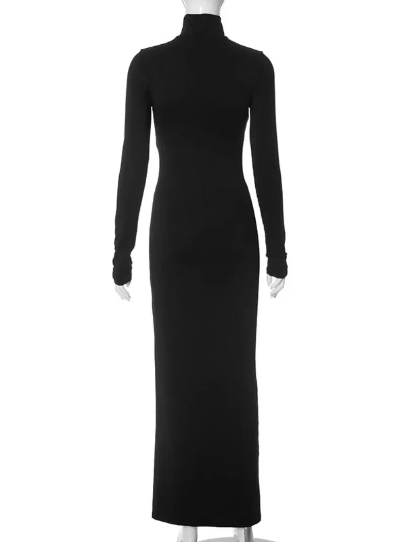 2024 Women's Half High Collar Long Sleeve Hollow Out Black Evening Dress Sexy High Split Bodycon Long Maxi Party Formal Dresses