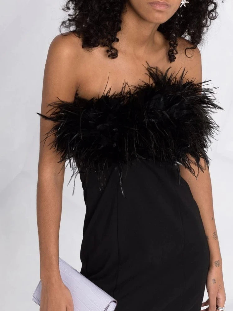 Strapless Feather Design Mini Dress Women Black Backless Mini Slim Slit Dress For Party Chic Evening Dresses