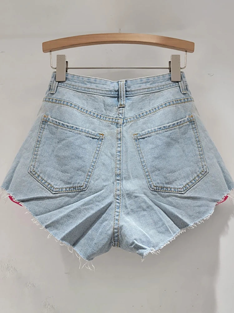 Denim Shorts Colored 3d Mesh Flowers Wide Leg Broken