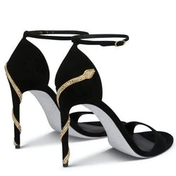 Summer Black Suede Gold Snake S Surround Heel One Line Buckle Sandals Woman 7 10 CM High Heels Peep Toe Banquet Shoes Lady