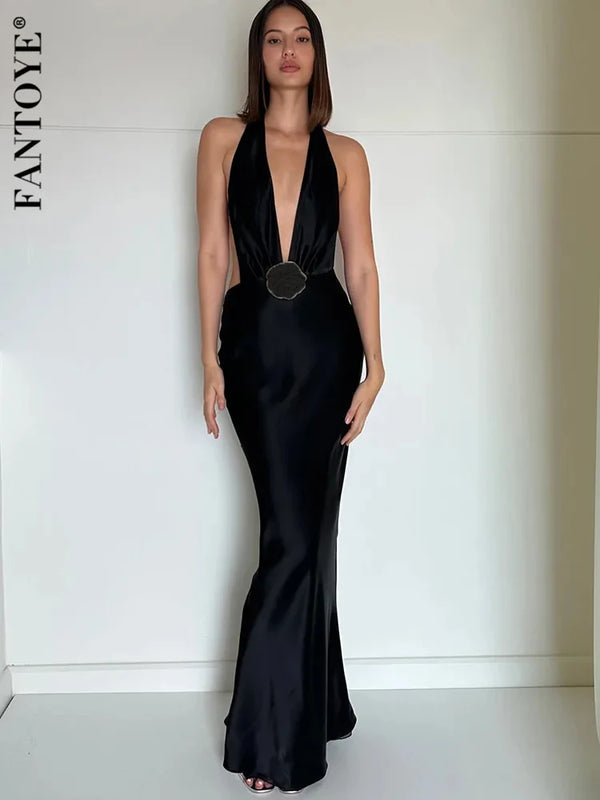 Fantoye Satin Deep V-neck Flower Women Maxi Dress Black Backless Bandage Solid Evening Dress Female Slim Elegant Party Clubwear