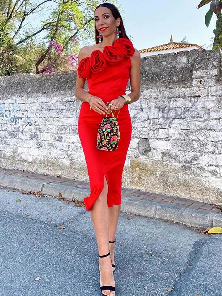 3d Flower Collar Midi Dress