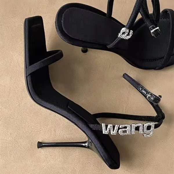Black high-heeled sandals one-line buckle summer new diamond-lettered square high heels