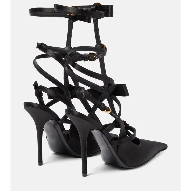 Pointed Bow, Hollowed Out Belt Buckle, Solid Color Banquet Sandals, Toe Wrapped Thin High Heels, Metal Decorative Sandals