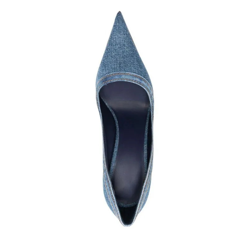 Blue Denim Thin High Heel Single Shoes European and American Pointed Back Strap Sandals