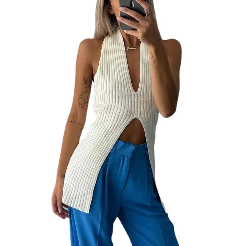 Skinny Knitted Sweater Vest New V-Neck Slit Sleeveless Women's Chic Knit Vest for Women Summer Tops