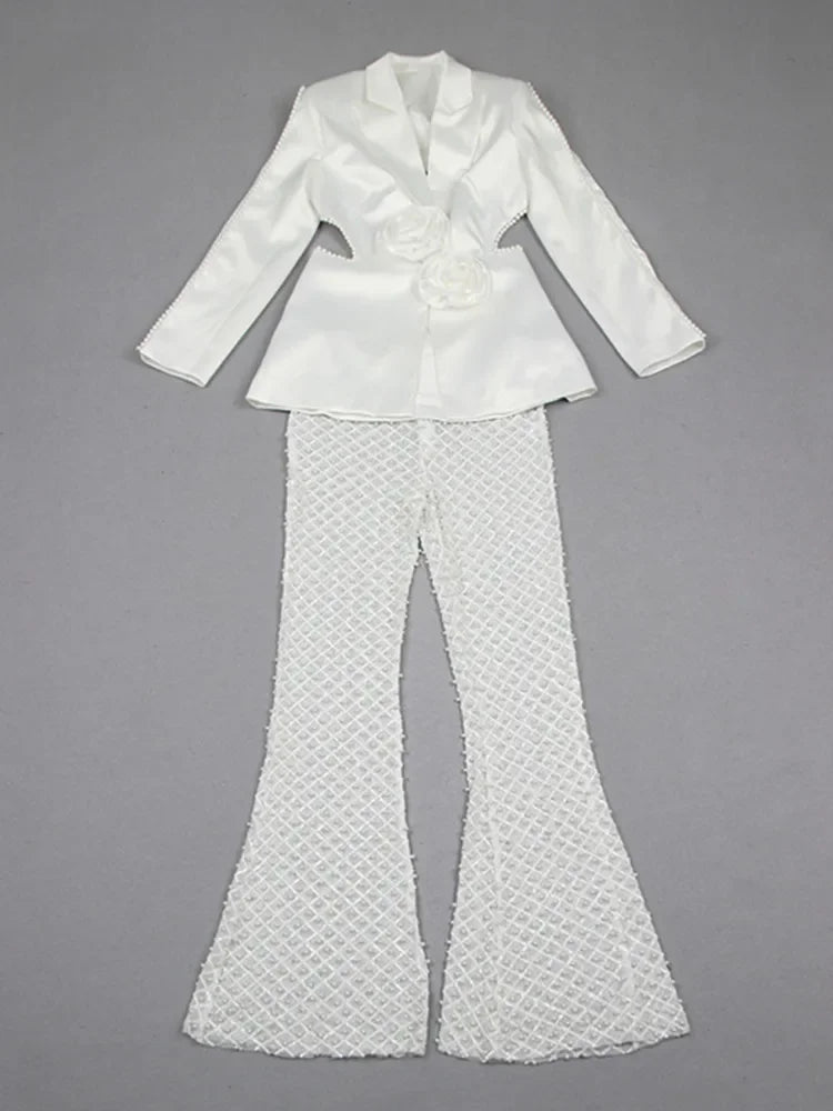 Luxury Sexy Long Sleeve V Neck Pearl Beading White Pants Set
