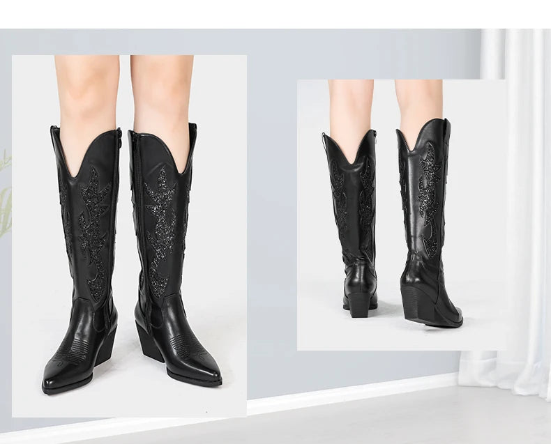 Cowgirl New Western Cowboy Boots Women Autumn Pointed Toe Thick Heel High Knee Boots
