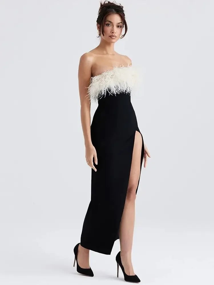 Evening Party Long Tight Bodycon Elegant Feather Strapless Side Split Birthday Club Clothing