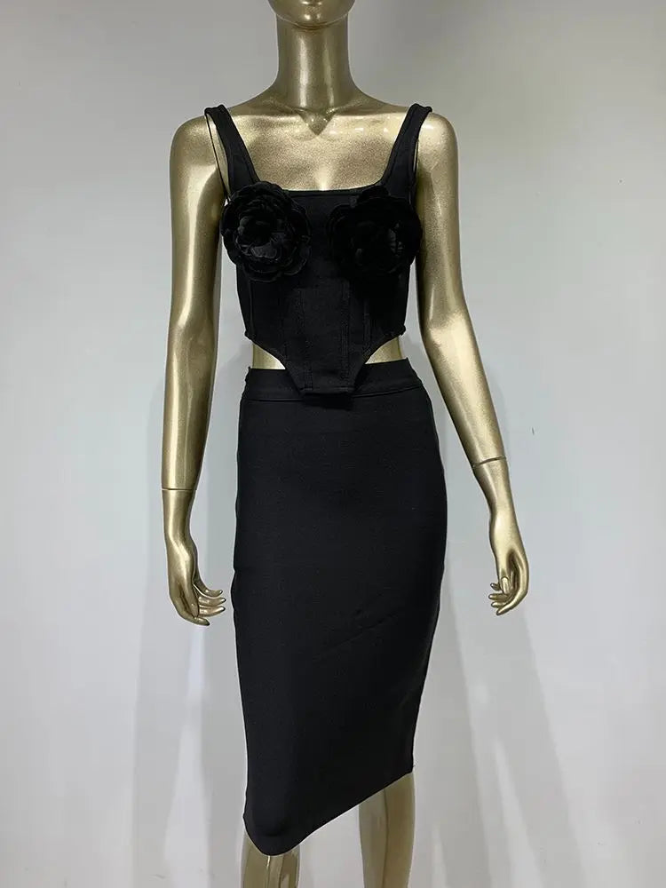 Square Neck Open Back Black and White Bandage Dress 2-Piece Set Knitted Elegant Nightclub Party Set