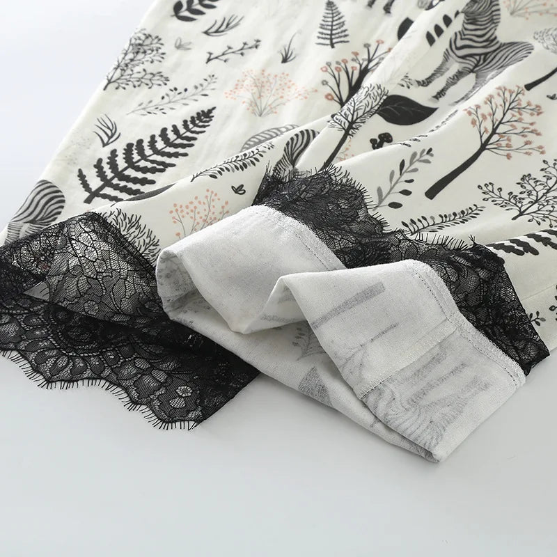 Zebra Print Pajamas for Women Turn-down Collar Lace Cuffs Long-sleeved  Trousers Loose Loungewear Cotton Double-layer Set