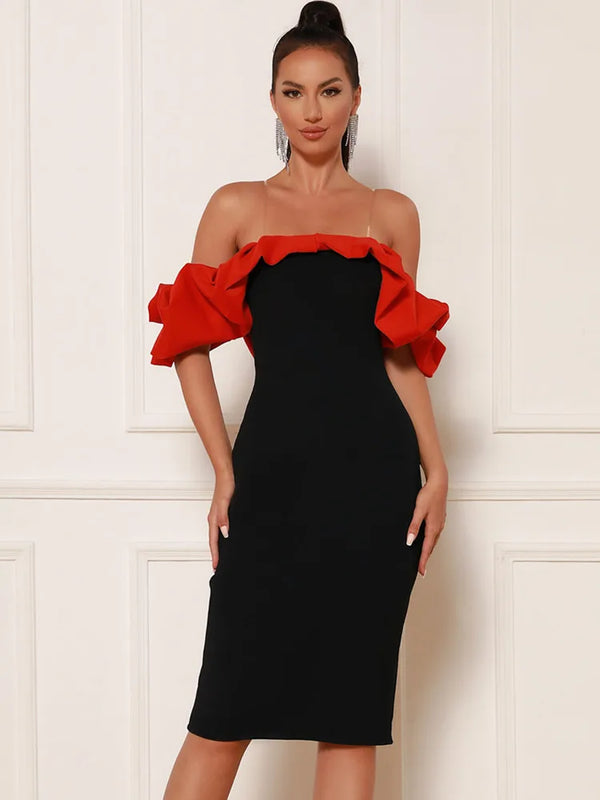 Off Shoulder Ruffles Patchwork Red Black Bodycon Midi Bandage Dress