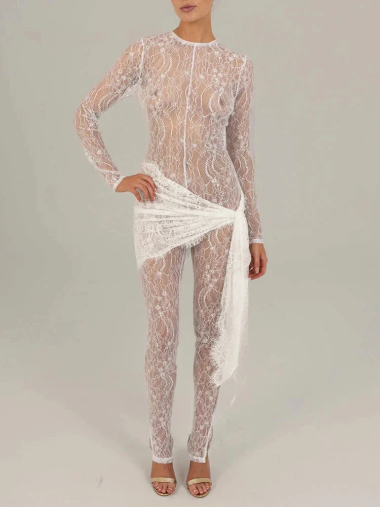 Long Sleeve Lace Jumpsuit Lace See-through Rompers Basic Skinny High Elasticity Leggings