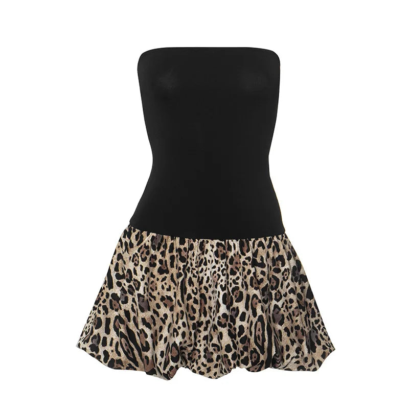Chic Spliced Leopard Print Dress for Women Off Shoulder Strapless Slim Mini Dress