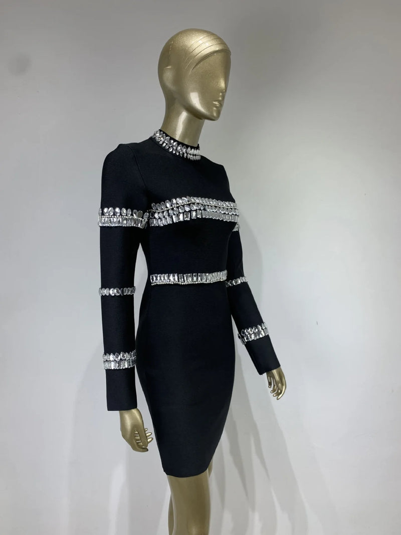 Brand New Winter Turtleneck Beading Long Sleeve Black Mini Bandage Dress