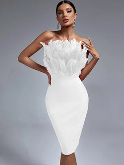 White Bandage Dress Women Feather Party Dress Bodycon Elegant Midi Dress