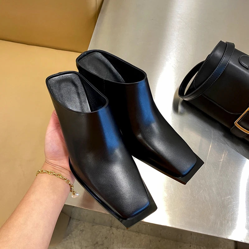 Leather Cowhide Square Head High Heel Large Size Muller Slippers