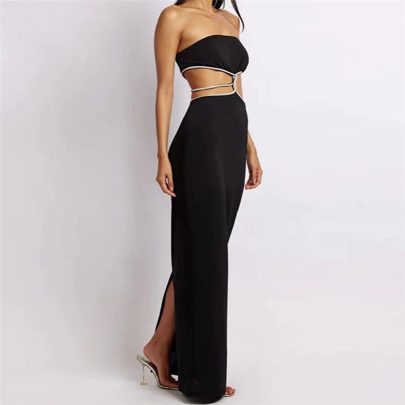 Puloru Black Off Shoulder Party Tube Top Dress Elegant Retro Sleeveless Strapless Dress