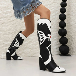 Western Boots For Women Knee High Butterfly Pointed Toe Block Heel Knight Cowgirls Booties Black Shoes