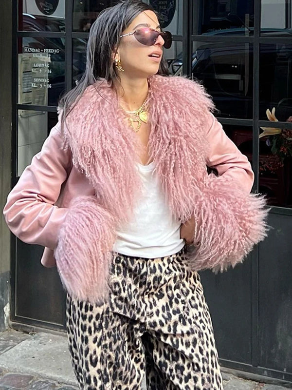 Cropped Pink Leather Jacket With Feather Fashion V-neck Short Coats