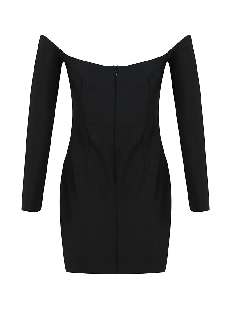 New Luxury Beaded Diamond Off Shoulder Long Sleeve Party Dress Bodycon Bandage Black Mini Dress