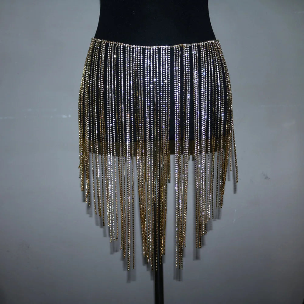 Luxury Multilayer Fringe Bra Body Chain Dress With Rhinestones