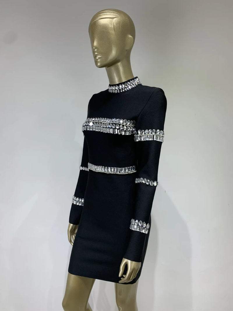 Brand New Winter Turtleneck Beading Long Sleeve Black Mini Bandage Dress