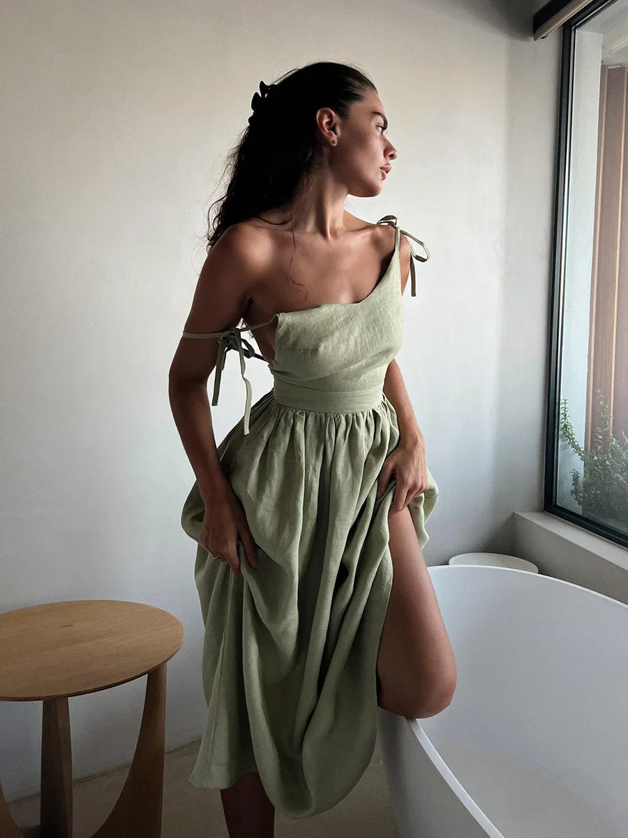 Bornladies Spring Summer Beach Style Women Dress Vintage Loose A-line Sling Dress