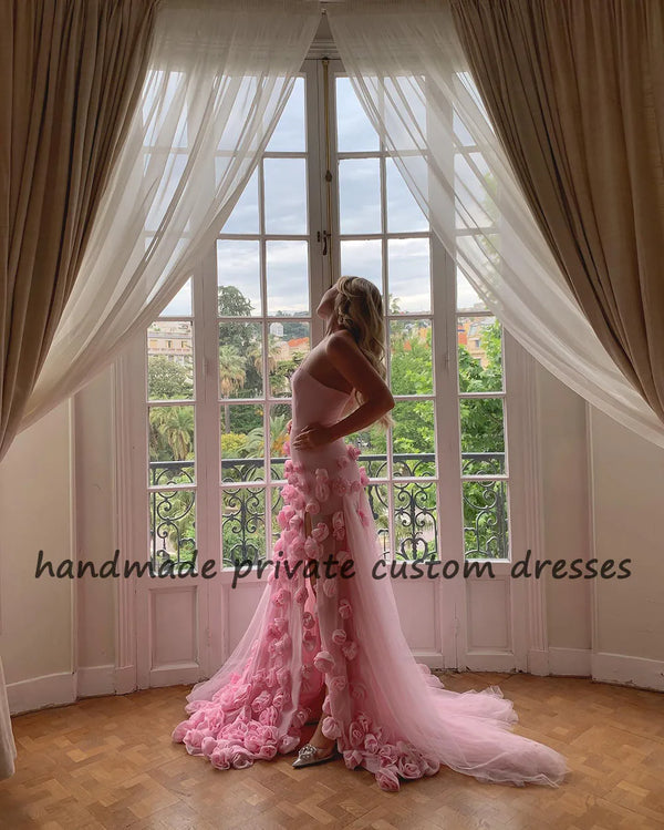 Pink Mermaid Fairy Evening Prom Dresses Side Split Handmade Flower Tulle Party Dress Pirncess Sweetheart Homecoming Prom Gowns