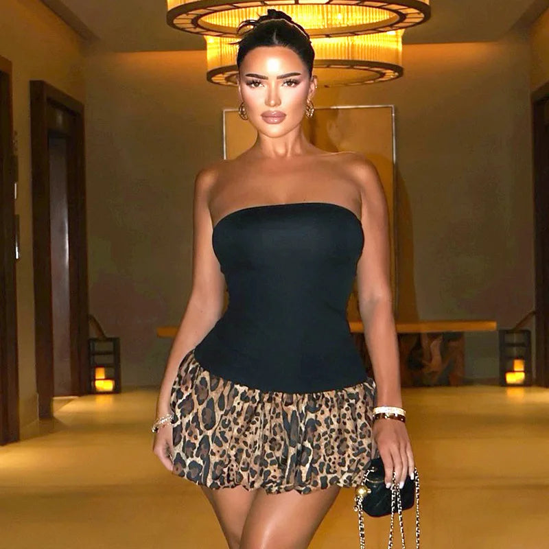 Chic Spliced Leopard Print Dress for Women Off Shoulder Strapless Slim Mini Dress