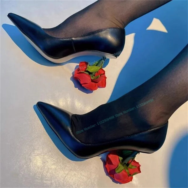 Black Matte Leather Rose Heel Pumps Pointed Toe Shoes