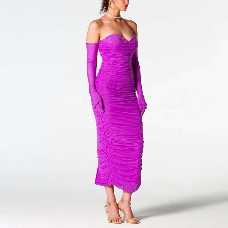 New Fashion Fuchsia Mesh Pleated Design Bandage Dress with Gloves